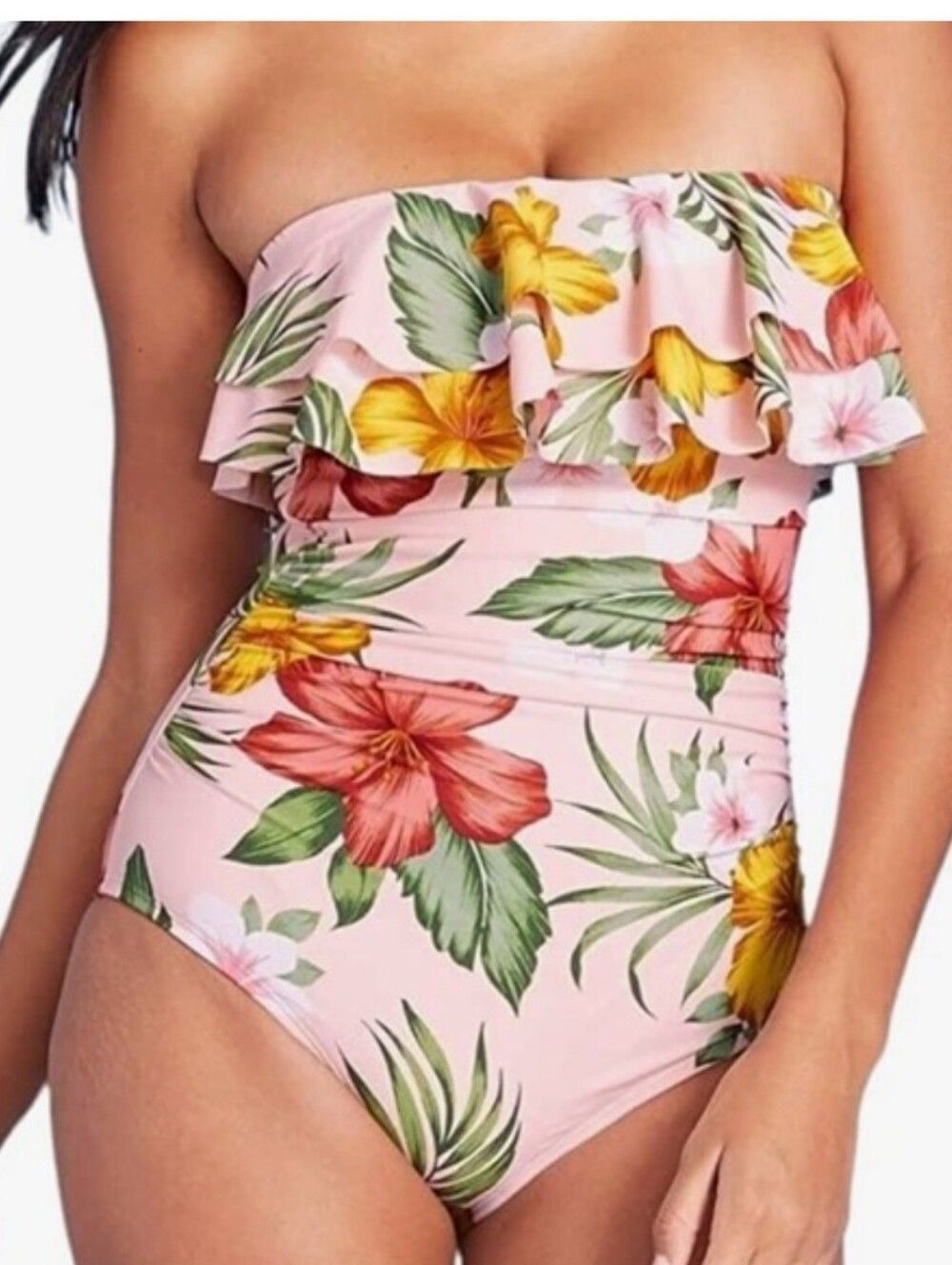 Kona Sol Strapless (No Straps Included) Dusty Mauve & Floral, Ruffles, L